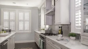 Modern hampton kitchen with plantation shutters