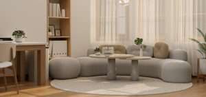 Modern lounge room with sheer curtains